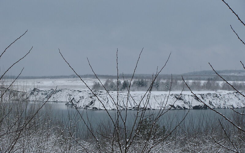 Nahaufnahme: Hinter verschneiten kahlen Ästen liegt der zugefrorene Klinger See. Im Hintergrund ist ein zugeschneiter Abhang zur Seeoberfläche und ein kleiner Wald in einer sonst leerstehenden Schneelandschaft zu sehen.