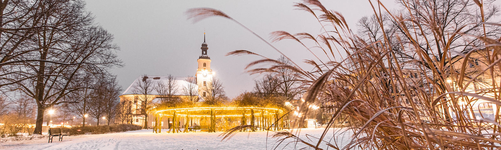 Die Stadtkirche Forst im Schnee hinter Bäumen und einer runden mit einer Lichterkette beleuchteten Sitzugruppe im Park, vor rechts Schilf, an den Seiten in regelmäßigen Abständen leuchtenden Laternen, im Hintergrund grauer Himmel