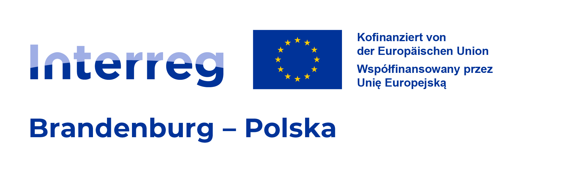 Logo mit Aufschrift: Interreg Brandenburg - Polska, Konfinanziert der Europäischen Union; Współfinansowany przez Unię Europejską und eine Europaflagge in der Mitte